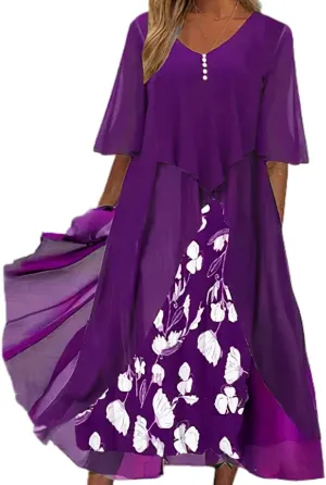 Women's Plus Size Elegant Flowy Chiffon Floral Maxi Dress V Neck Cocktail Party Wedding Guest Dresses