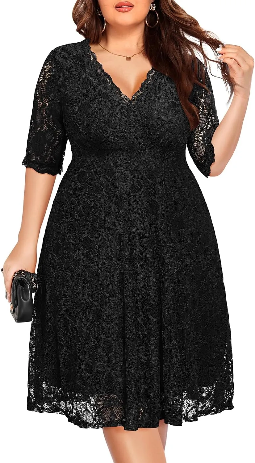 Women's Plus Size Wedding Guest Cocktail Party Semi Formal Lace Wrap V Neck Knee Length Dress