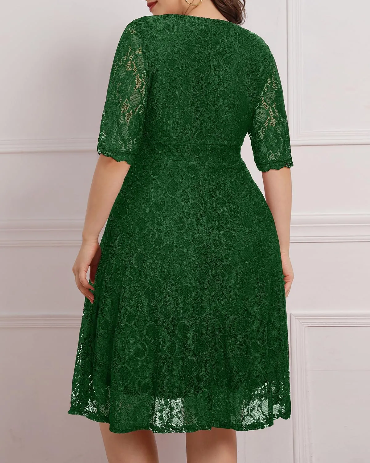 Women's Plus Size Wedding Guest Cocktail Party Semi Formal Lace Wrap V Neck Knee Length Dress
