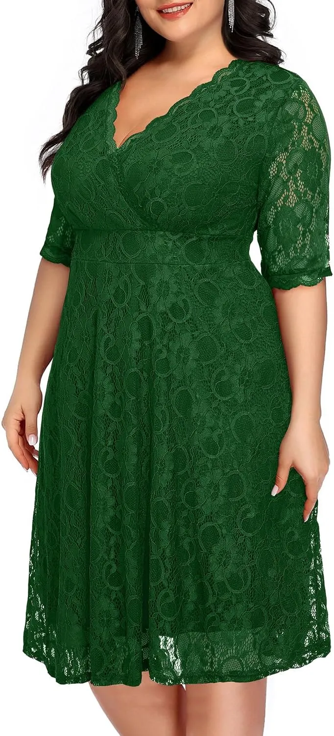 Women's Plus Size Wedding Guest Cocktail Party Semi Formal Lace Wrap V Neck Knee Length Dress