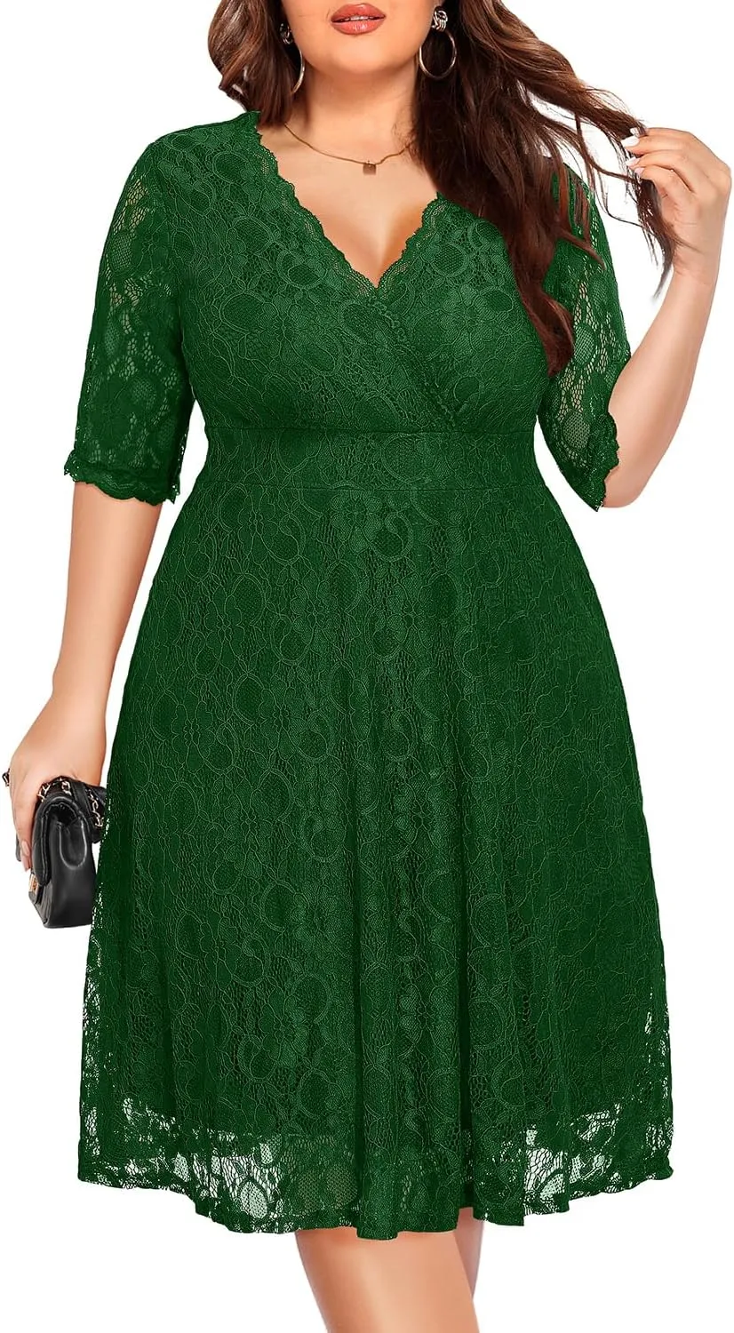 Women's Plus Size Wedding Guest Cocktail Party Semi Formal Lace Wrap V Neck Knee Length Dress
