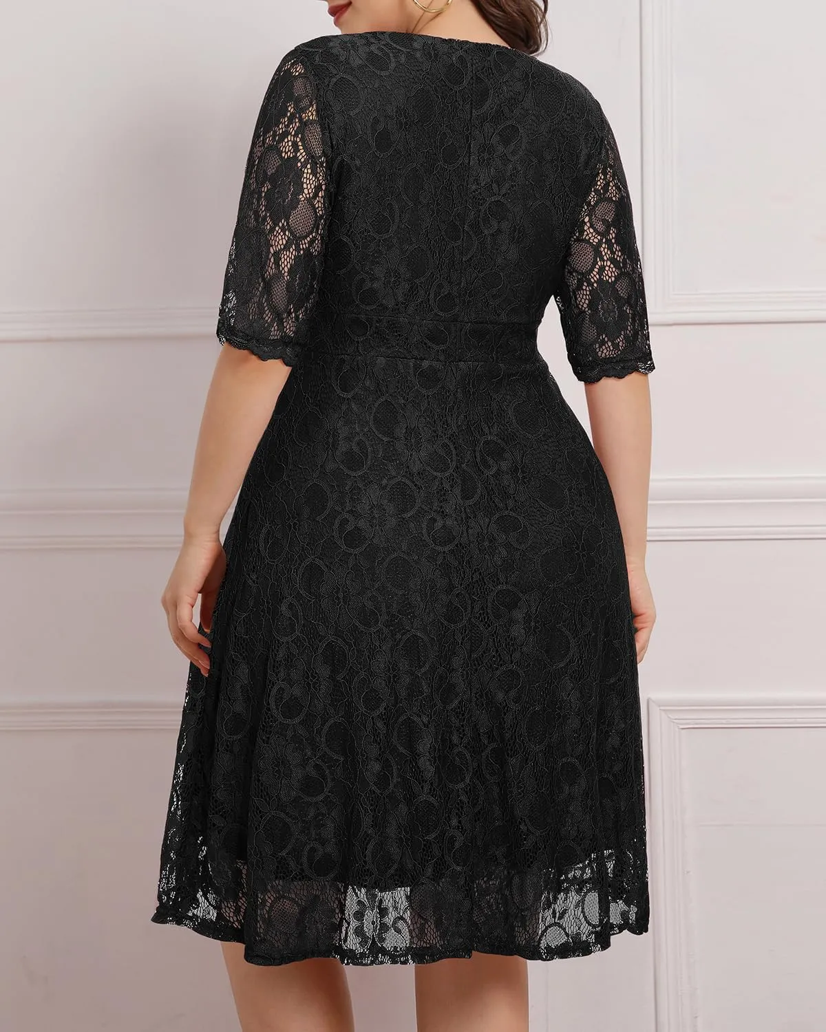 Women's Plus Size Wedding Guest Cocktail Party Semi Formal Lace Wrap V Neck Knee Length Dress