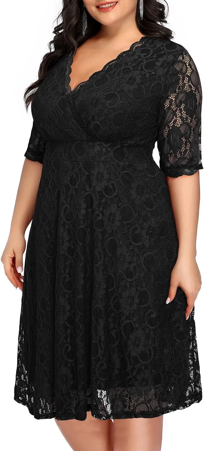 Women's Plus Size Wedding Guest Cocktail Party Semi Formal Lace Wrap V Neck Knee Length Dress