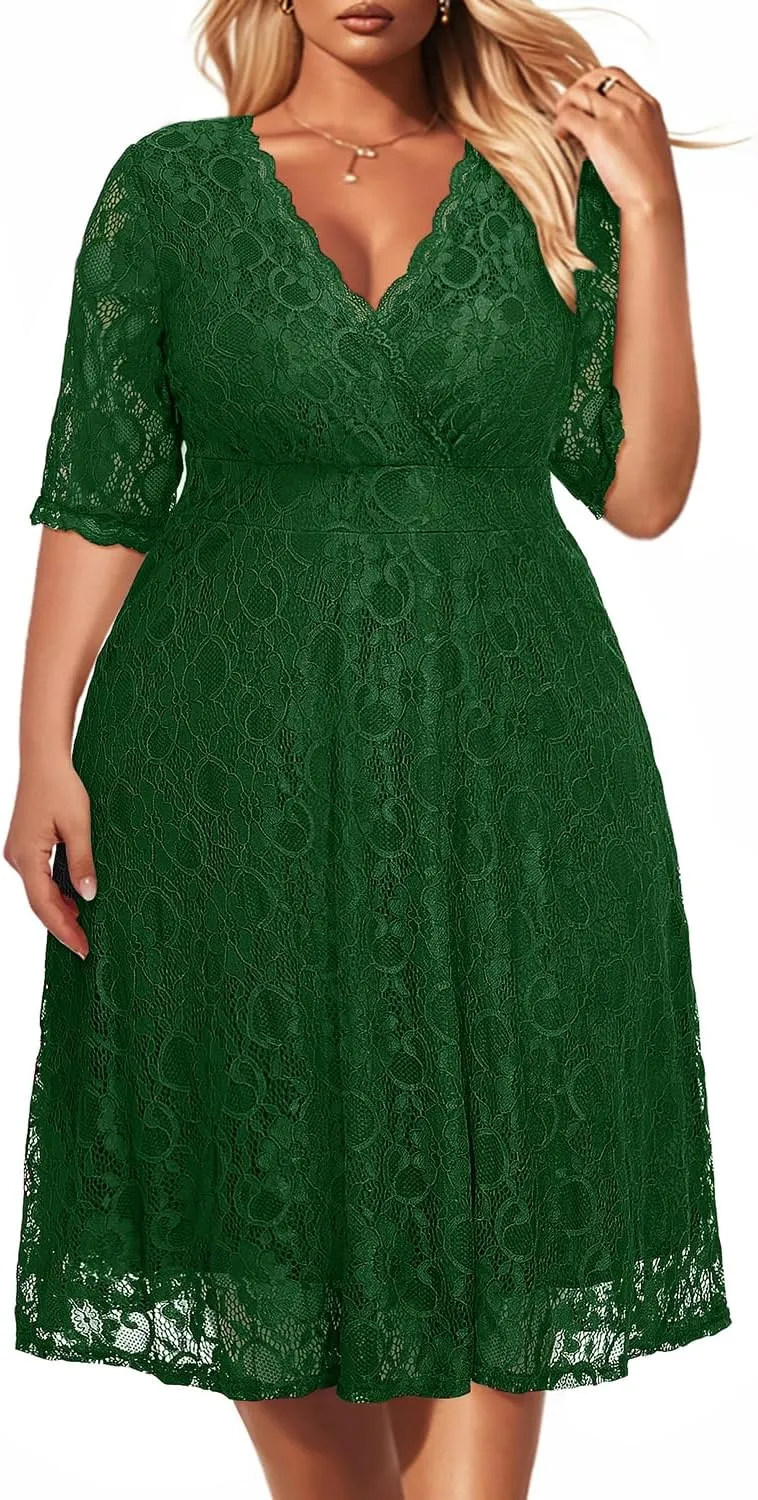 Women's Plus Size Wedding Guest Cocktail Party Semi Formal Lace Wrap V Neck Knee Length Dress