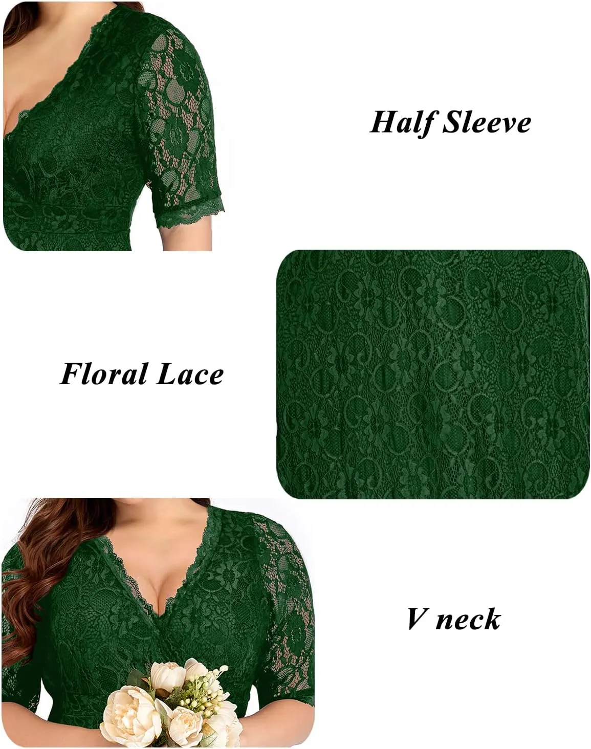 Women's Plus Size Wedding Guest Cocktail Party Semi Formal Lace Wrap V Neck Knee Length Dress