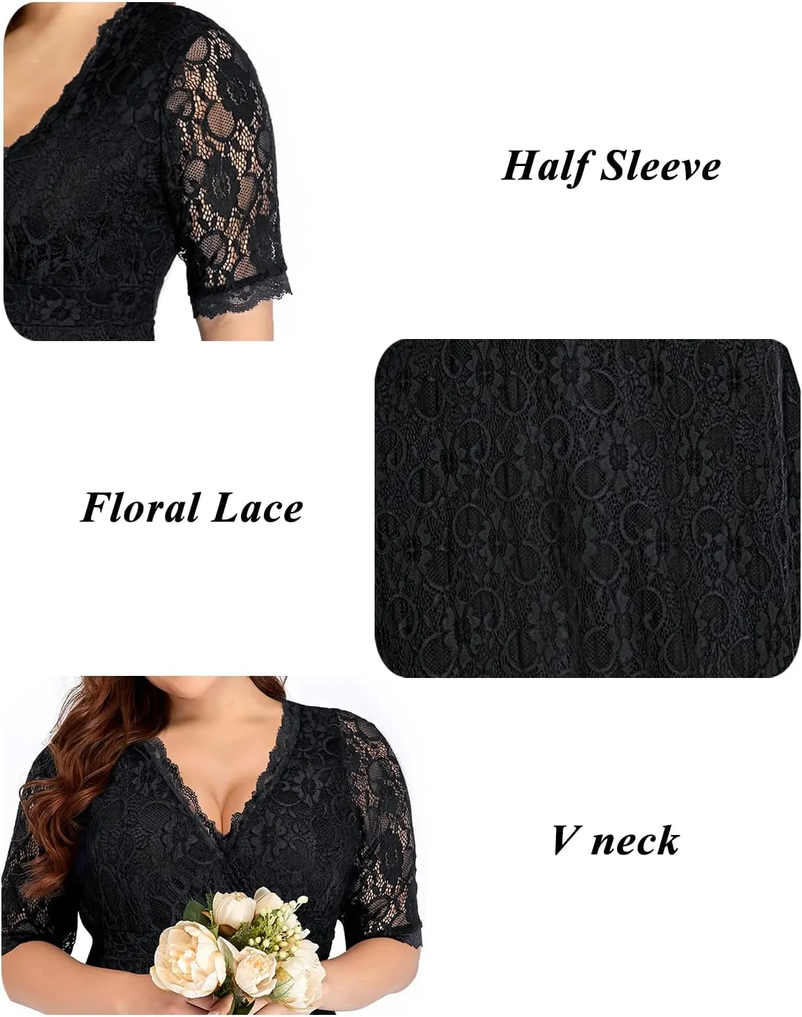 Women's Plus Size Wedding Guest Cocktail Party Semi Formal Lace Wrap V Neck Knee Length Dress