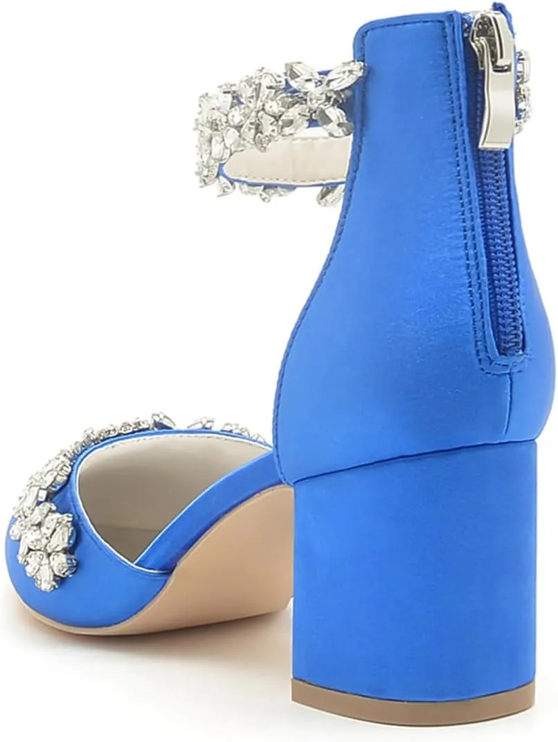 Women's Pointed Toe Block Heels Crystal Chunky Wedding Pumps Dress Shoes Low Heel Comfortable Pump Sandals