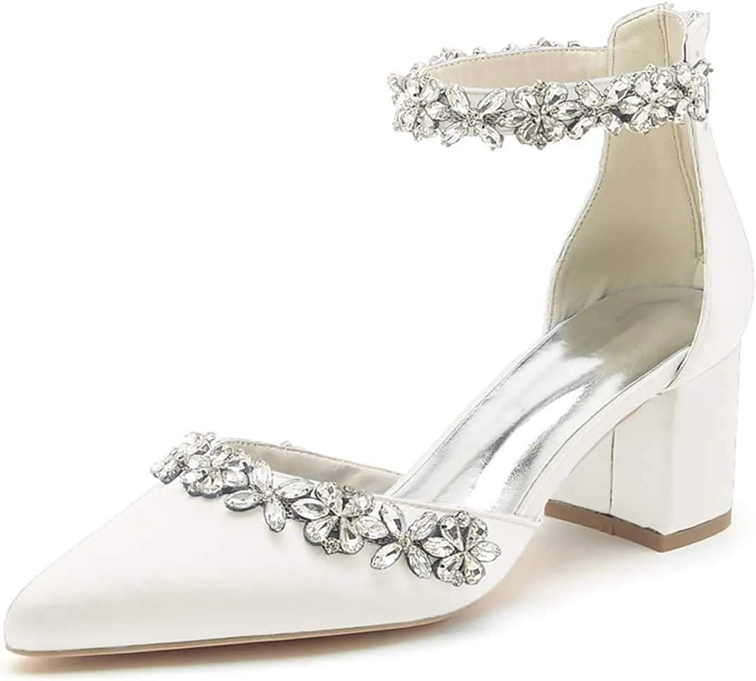 Women's Pointed Toe Block Heels Crystal Chunky Wedding Pumps Dress Shoes Low Heel Comfortable Pump Sandals