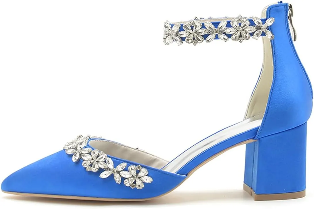 Women's Pointed Toe Block Heels Crystal Chunky Wedding Pumps Dress Shoes Low Heel Comfortable Pump Sandals