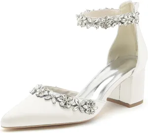 Women's Pointed Toe Block Heels Crystal Chunky Wedding Pumps Dress Shoes Low Heel Comfortable Pump Sandals