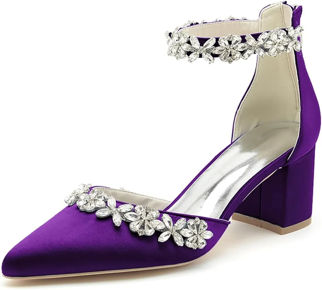 Women's Pointed Toe Block Heels Crystal Chunky Wedding Pumps Dress Shoes Low Heel Comfortable Pump Sandals