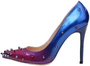 Women's Pointed Toe Colorful Studded Stilettos Pumps Heels Slip On Sparkly Rhinestone Rivets Unique Spikes High Heels for Prom