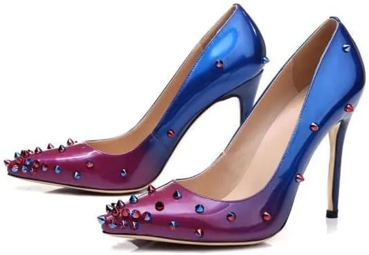 Women's Pointed Toe Colorful Studded Stilettos Pumps Heels Slip On Sparkly Rhinestone Rivets Unique Spikes High Heels for Prom
