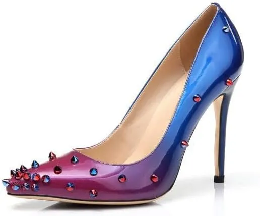 Women's Pointed Toe Colorful Studded Stilettos Pumps Heels Slip On Sparkly Rhinestone Rivets Unique Spikes High Heels for Prom