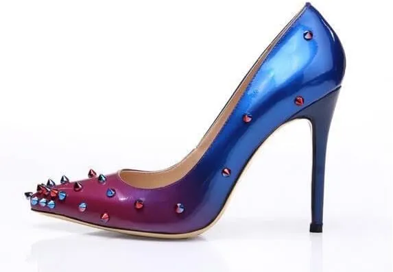 Women's Pointed Toe Colorful Studded Stilettos Pumps Heels Slip On Sparkly Rhinestone Rivets Unique Spikes High Heels for Prom