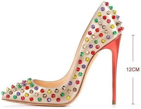 Women's Pointed Toe Colorful Studded Stilettos Pumps Heels Slip On Sparkly Rhinestone Rivets Unique Spikes High Heels for Prom