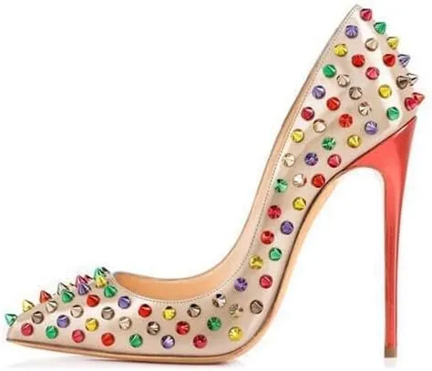 Women's Pointed Toe Colorful Studded Stilettos Pumps Heels Slip On Sparkly Rhinestone Rivets Unique Spikes High Heels for Prom