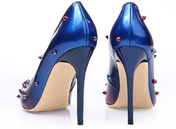 Women's Pointed Toe Colorful Studded Stilettos Pumps Heels Slip On Sparkly Rhinestone Rivets Unique Spikes High Heels for Prom