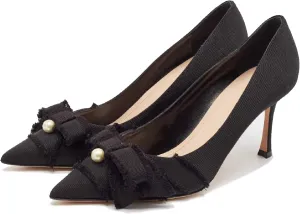 Women's Pointed Toe Slingback Heels with Bow Pearl, 3.15" Kitten Heels Slip on Stiletto Pumps with Buckled Straps for Designer Dress Shoes