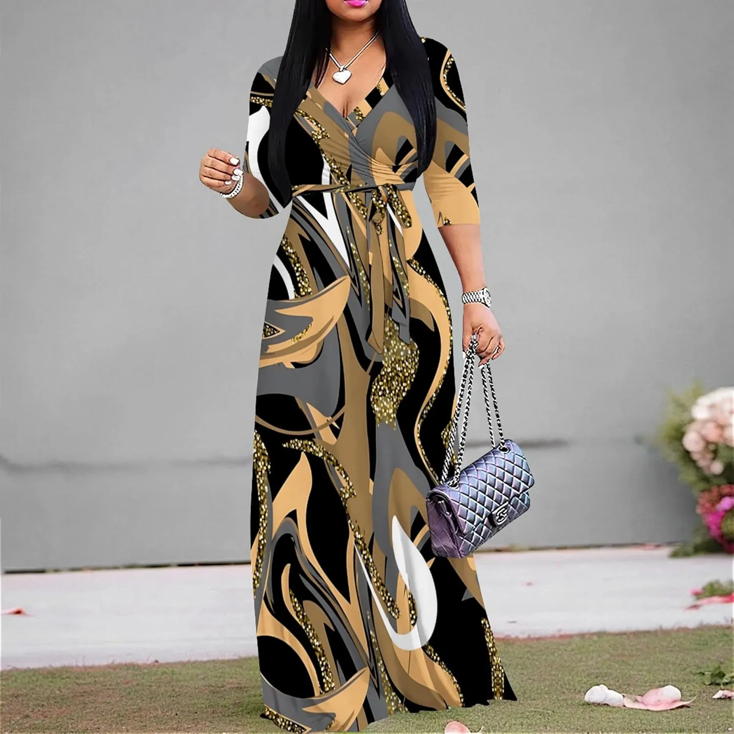 Women's Print Maxi Dresses 3/4 Sleeves Flowy Long Dress V Neck Wrap Tie Waist Sundress