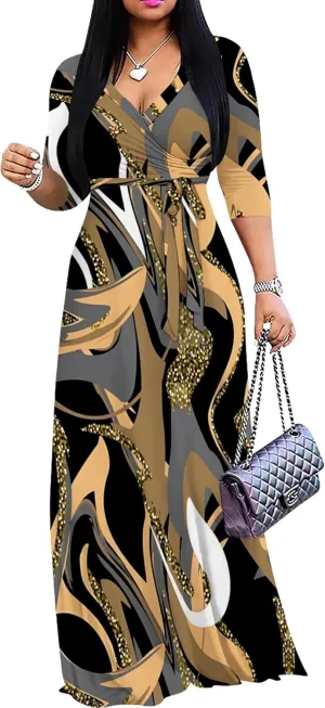 Women's Print Maxi Dresses 3/4 Sleeves Flowy Long Dress V Neck Wrap Tie Waist Sundress