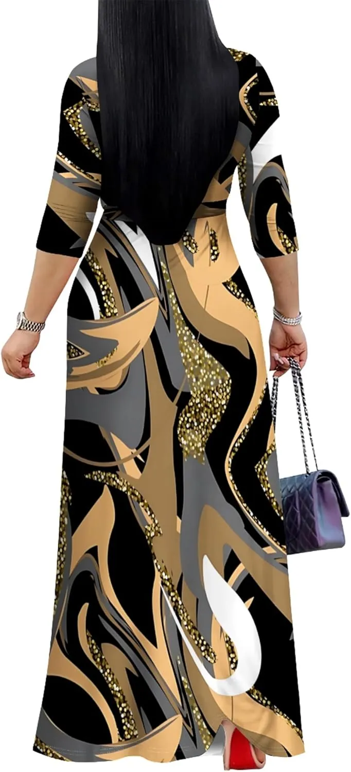 Women's Print Maxi Dresses 3/4 Sleeves Flowy Long Dress V Neck Wrap Tie Waist Sundress