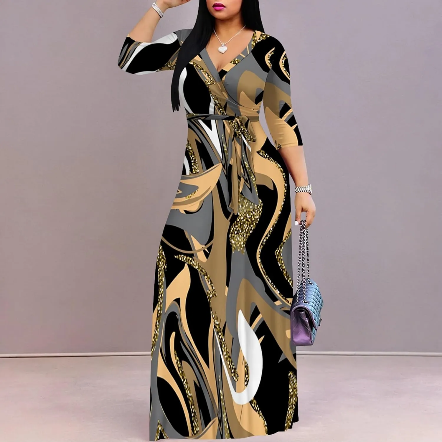 Women's Print Maxi Dresses 3/4 Sleeves Flowy Long Dress V Neck Wrap Tie Waist Sundress