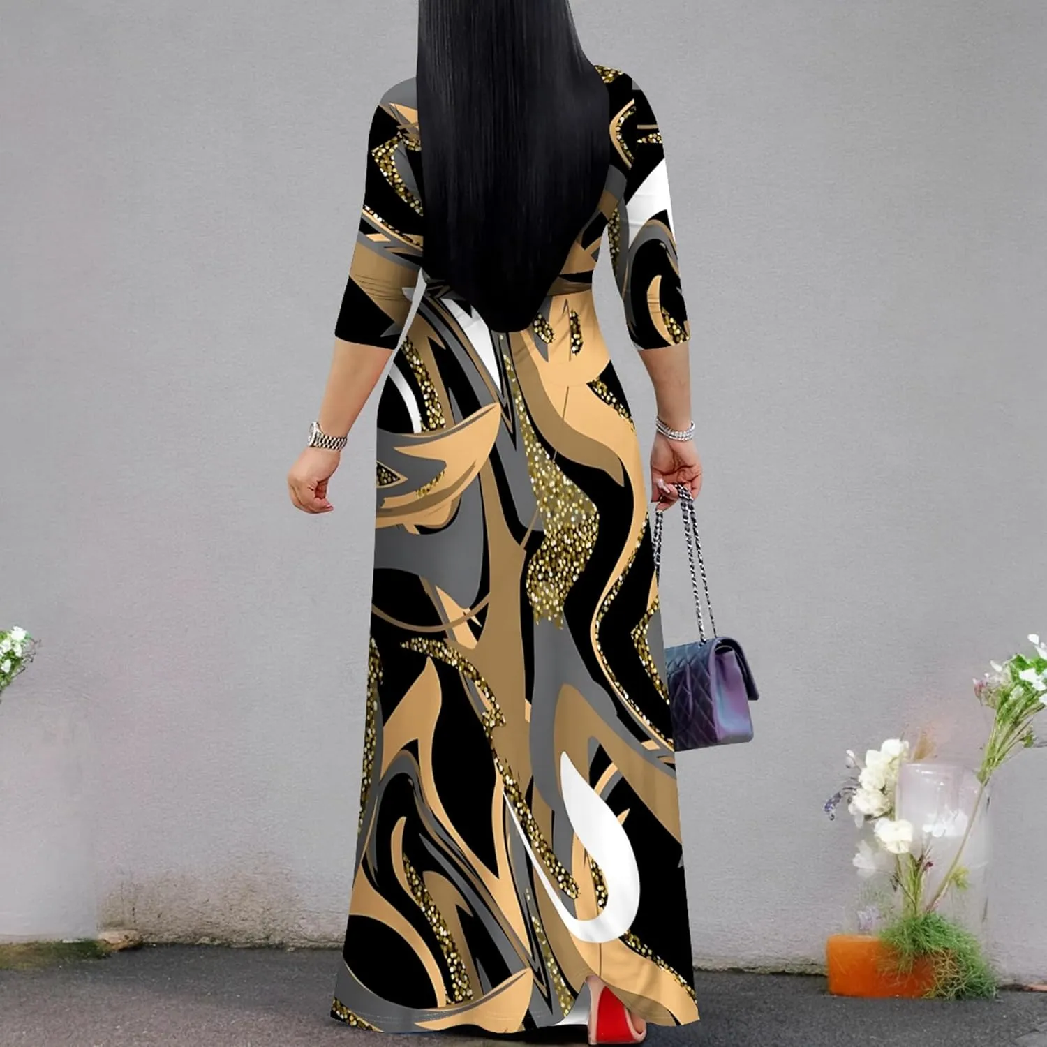 Women's Print Maxi Dresses 3/4 Sleeves Flowy Long Dress V Neck Wrap Tie Waist Sundress