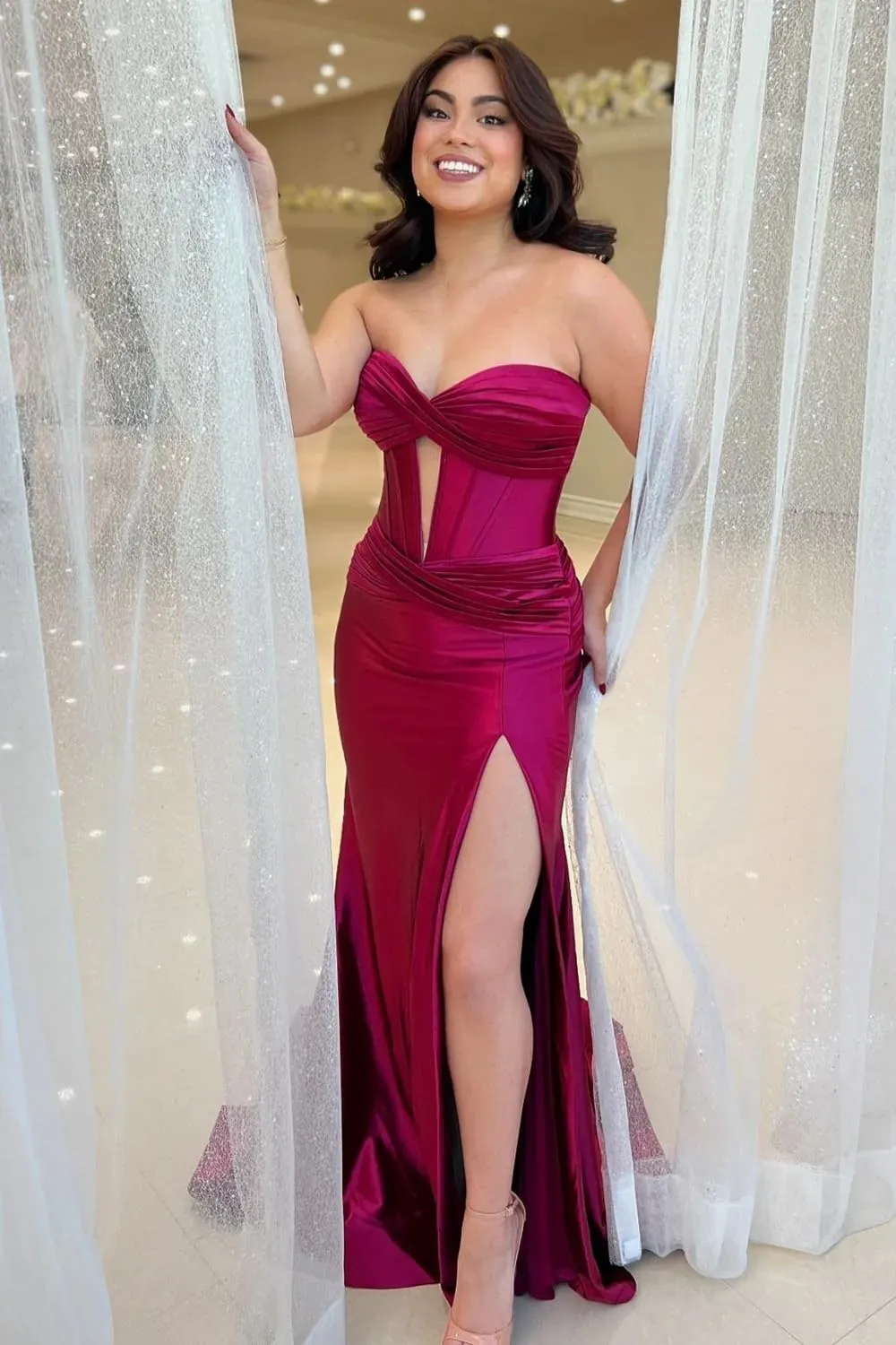 Women's Prom Dresses A Line Formal Dresses Long with Slit Sweetheart Neck Strapless Ruched Keyhole Party Gown