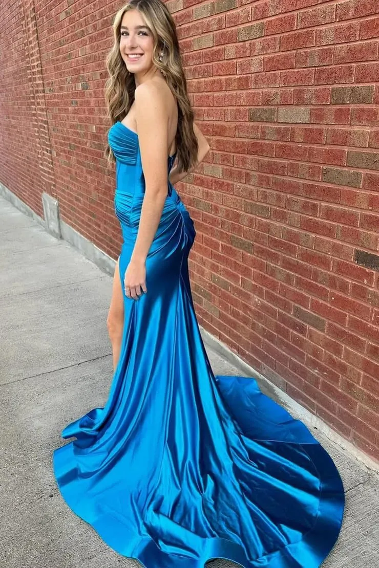 Women's Prom Dresses A Line Formal Dresses Long with Slit Sweetheart Neck Strapless Ruched Keyhole Party Gown