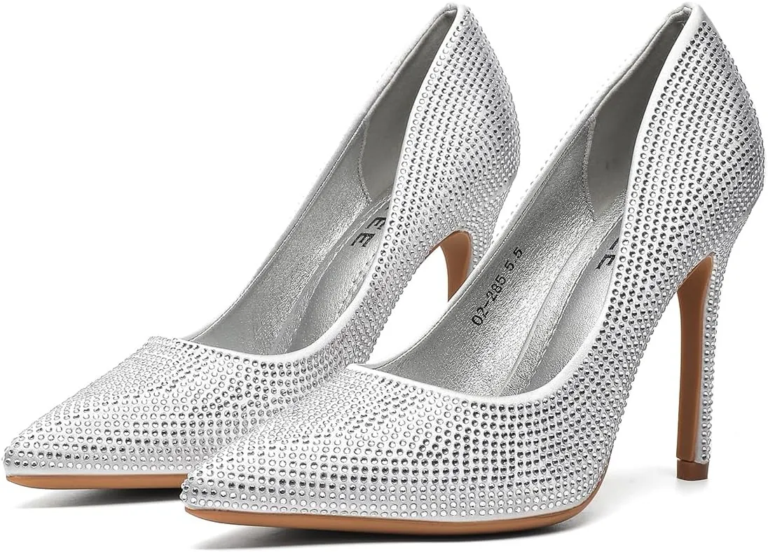 Women's Pumps, Closed Toe Pointed Stiletto High Heel Sparkly Prom Shoes with Glitter Rhinestone, Wedding Heels for Bride Shoes