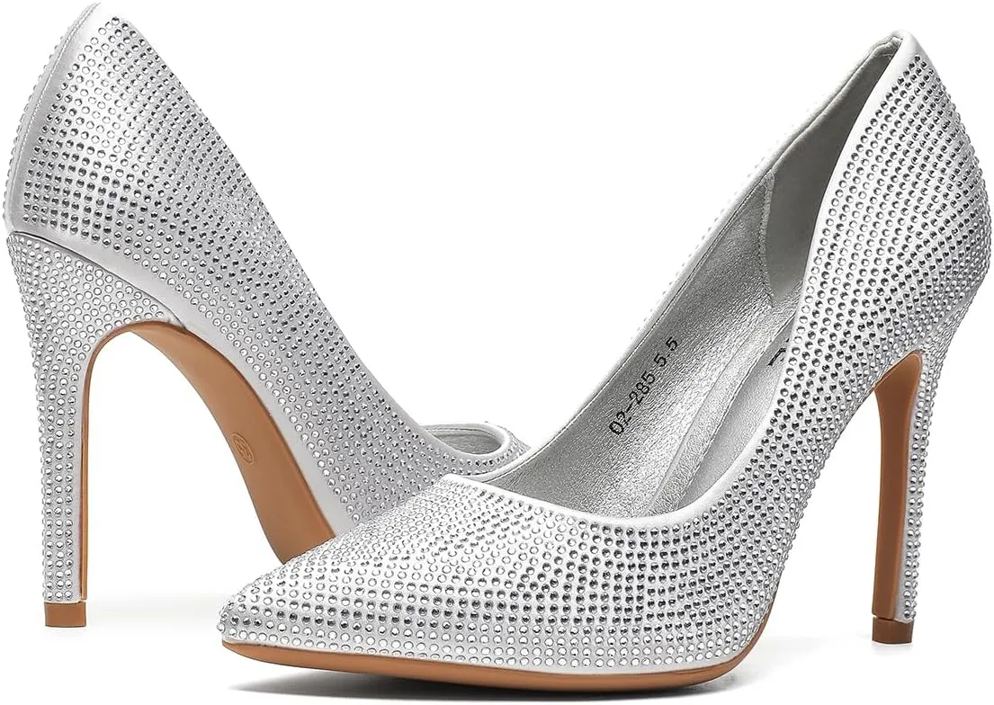 Women's Pumps, Closed Toe Pointed Stiletto High Heel Sparkly Prom Shoes with Glitter Rhinestone, Wedding Heels for Bride Shoes