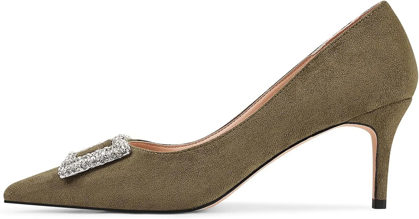 Women's Rhinestones Buckle Pumps Pointed Toe Kitten Heels Dress Shoes