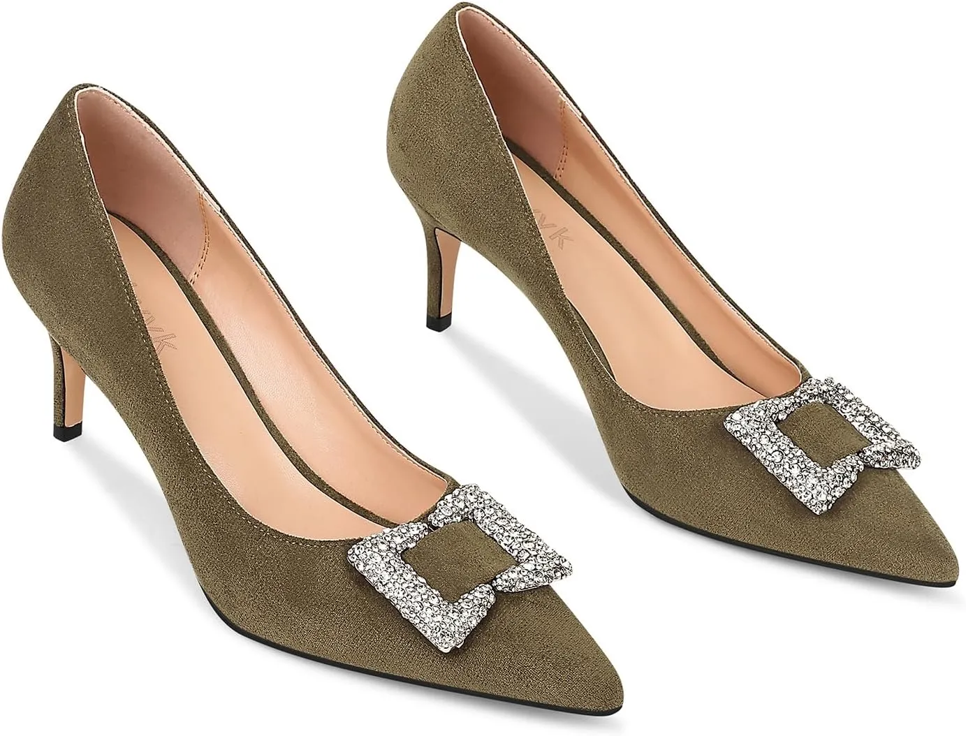Women's Rhinestones Buckle Pumps Pointed Toe Kitten Heels Dress Shoes
