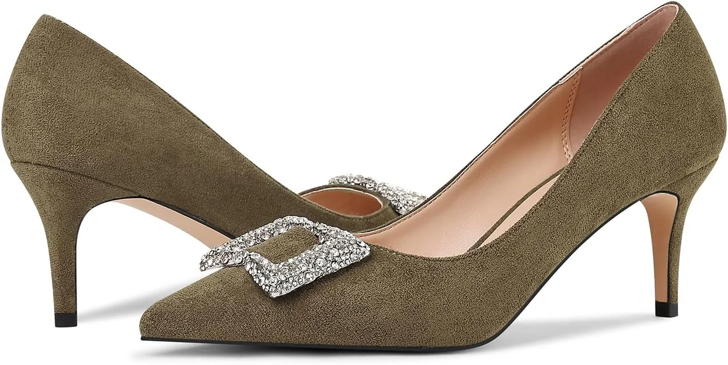 Women's Rhinestones Buckle Pumps Pointed Toe Kitten Heels Dress Shoes