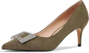 Women's Rhinestones Buckle Pumps Pointed Toe Kitten Heels Dress Shoes