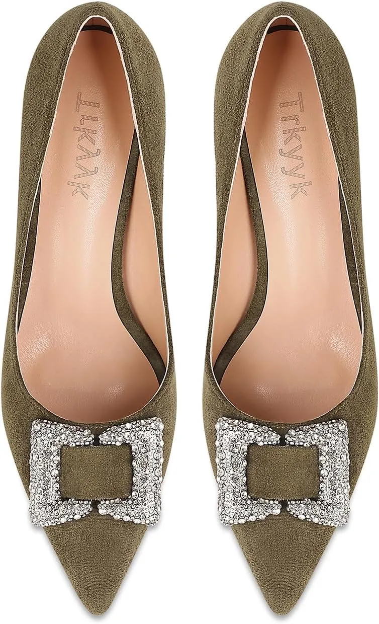 Women's Rhinestones Buckle Pumps Pointed Toe Kitten Heels Dress Shoes
