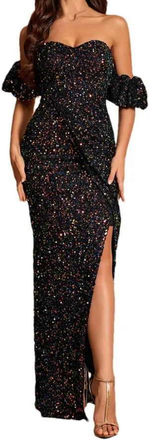 Women's Ropped Shoulders Sequin Dress High Split Thigh Sequined Formal Party Evening Dresses