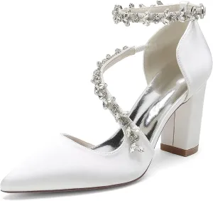 Women's Satin Bridal Pumps - Crystal Embellished Block Heel Wedding Shoes, 3 Inch Chunky Heels with Closed Pointed Toe for Bride, Prom & Cocktail Parties