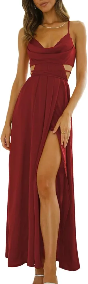 Women's Satin Cowl Neck Backless Maxi Dress Sexy Tie Back Spaghetti Strap Ruched Wedding Guest Slit Long Dresses