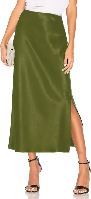 Women's Satin Midi Skirt Dressy Elastic High Waisted Silk Slip Flowy Ruffle Flared Cocktail Party Work A Line Skirts