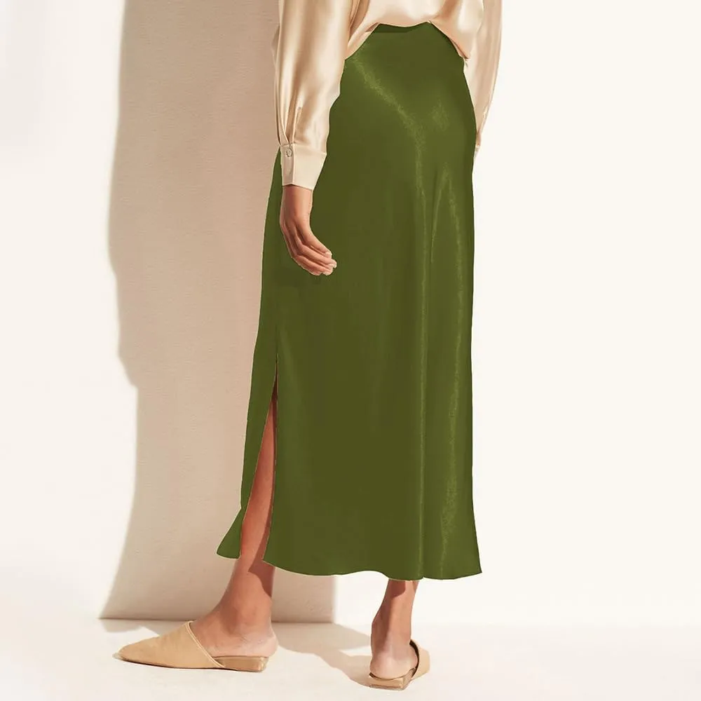 Women's Satin Midi Skirt Dressy Elastic High Waisted Silk Slip Flowy Ruffle Flared Cocktail Party Work A Line Skirts