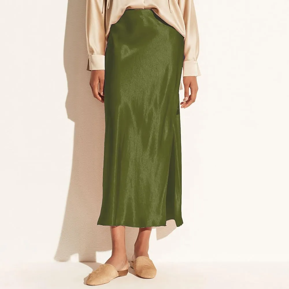 Women's Satin Midi Skirt Dressy Elastic High Waisted Silk Slip Flowy Ruffle Flared Cocktail Party Work A Line Skirts