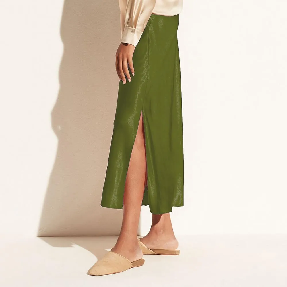 Women's Satin Midi Skirt Dressy Elastic High Waisted Silk Slip Flowy Ruffle Flared Cocktail Party Work A Line Skirts