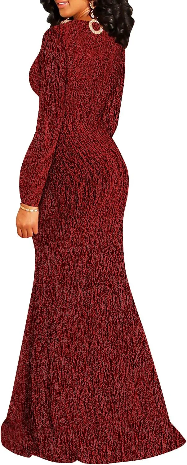 Women's Sexy Long Sleeve Sparkly Maxi Dress V Neck High Slit Wrap Formal Gown Cocktail Glitter Maxi Long Dresses