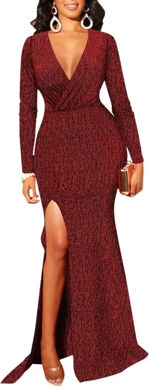 Women's Sexy Long Sleeve Sparkly Maxi Dress V Neck High Slit Wrap Formal Gown Cocktail Glitter Maxi Long Dresses