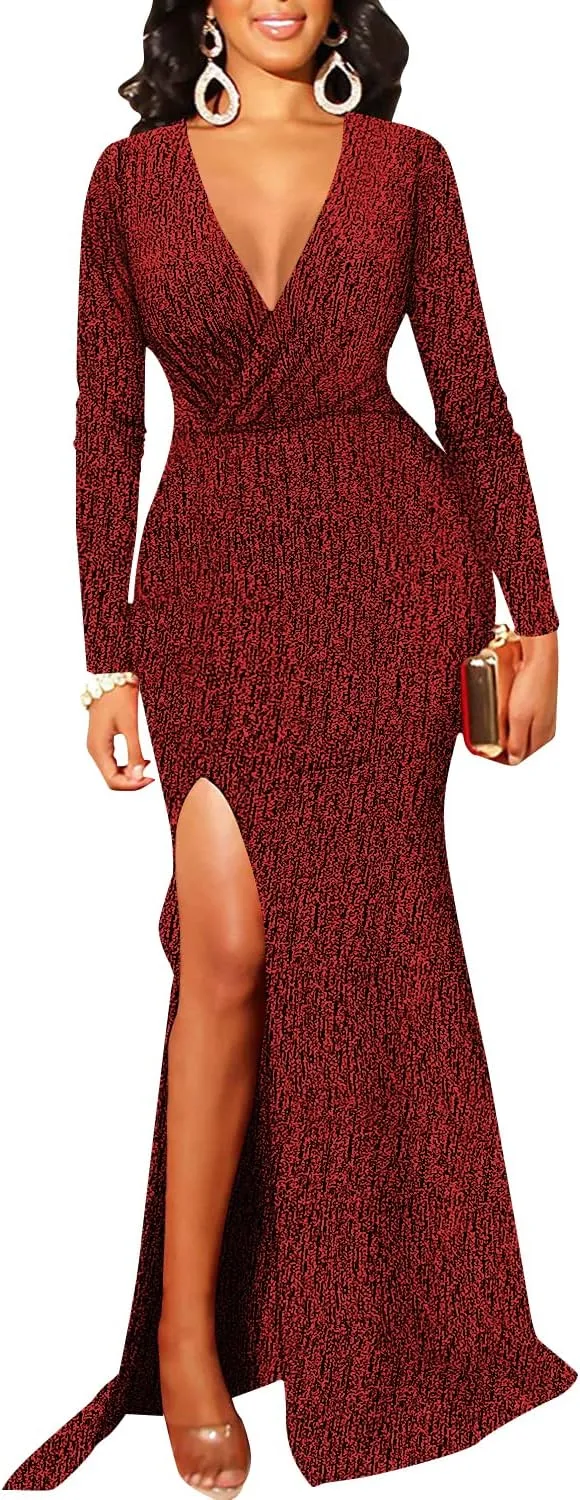 Women's Sexy Long Sleeve Sparkly Maxi Dress V Neck High Slit Wrap Formal Gown Cocktail Glitter Maxi Long Dresses