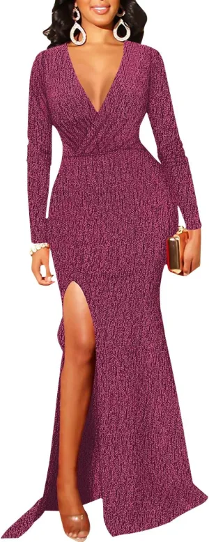 Women's Sexy Long Sleeve Sparkly Maxi Dress V Neck High Slit Wrap Formal Gown Cocktail Glitter Maxi Long Dresses