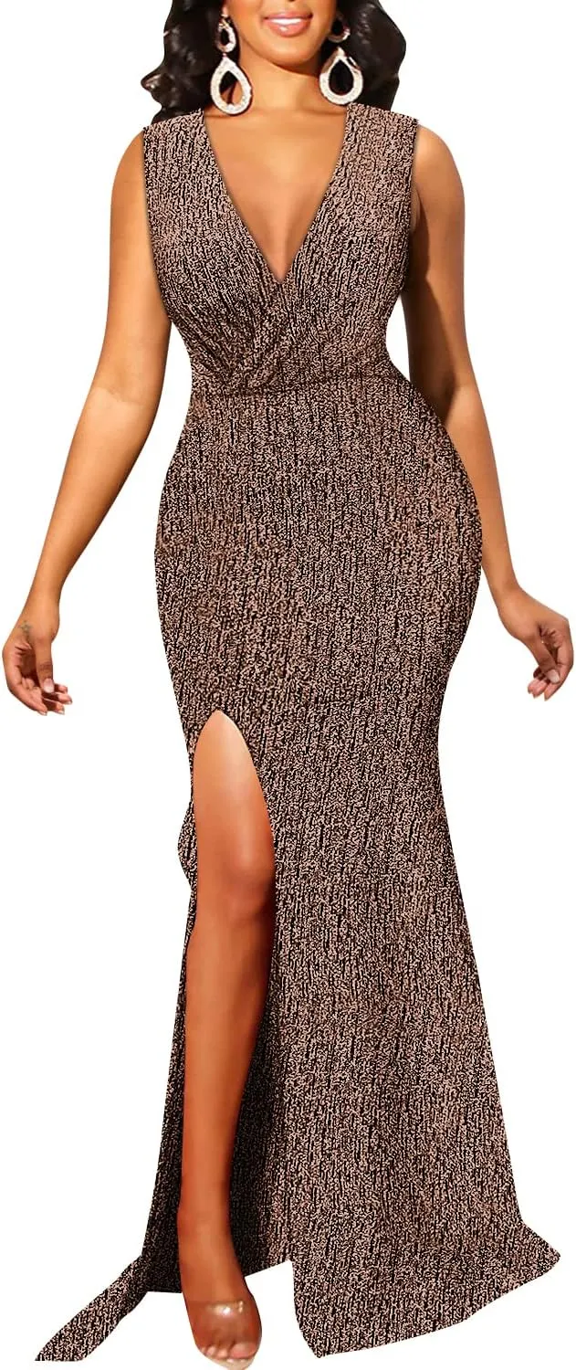 Women's Sexy Long Sleeve Sparkly Maxi Dress V Neck High Slit Wrap Formal Gown Cocktail Glitter Maxi Long Dresses