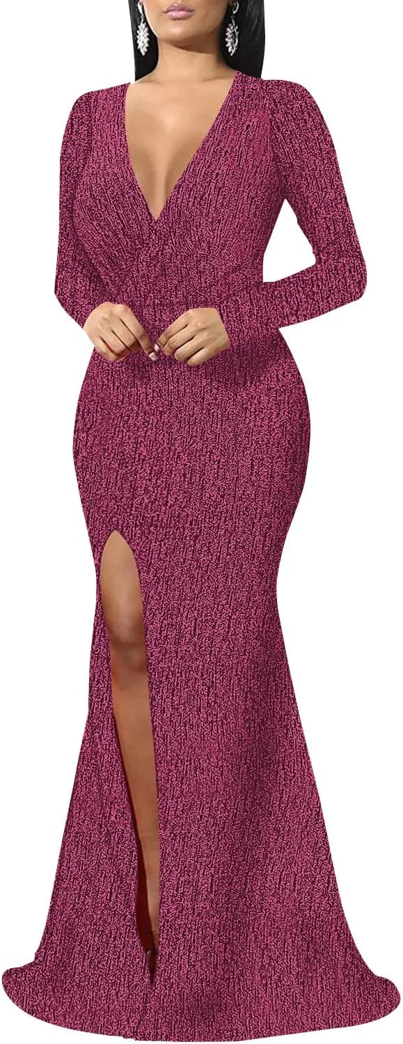 Women's Sexy Long Sleeve Sparkly Maxi Dress V Neck High Slit Wrap Formal Gown Cocktail Glitter Maxi Long Dresses